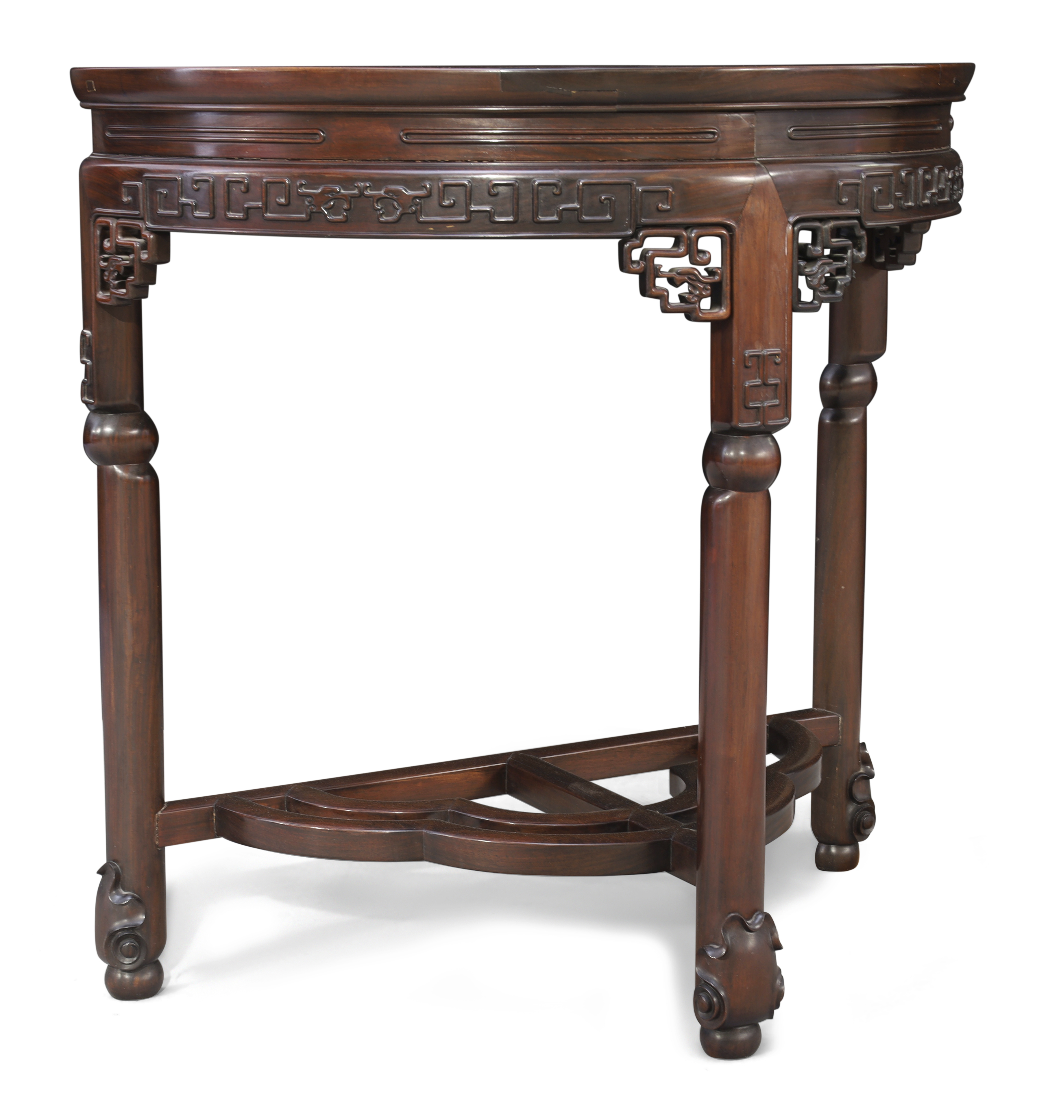 A Chinese hongmu demi-lune side table, Late Qing dynasty / Republic period, The top inset with bu... - Image 5 of 8