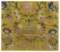An Italian silk embroidered fragment, 18th century, With birds perching amongst blossoming flower...