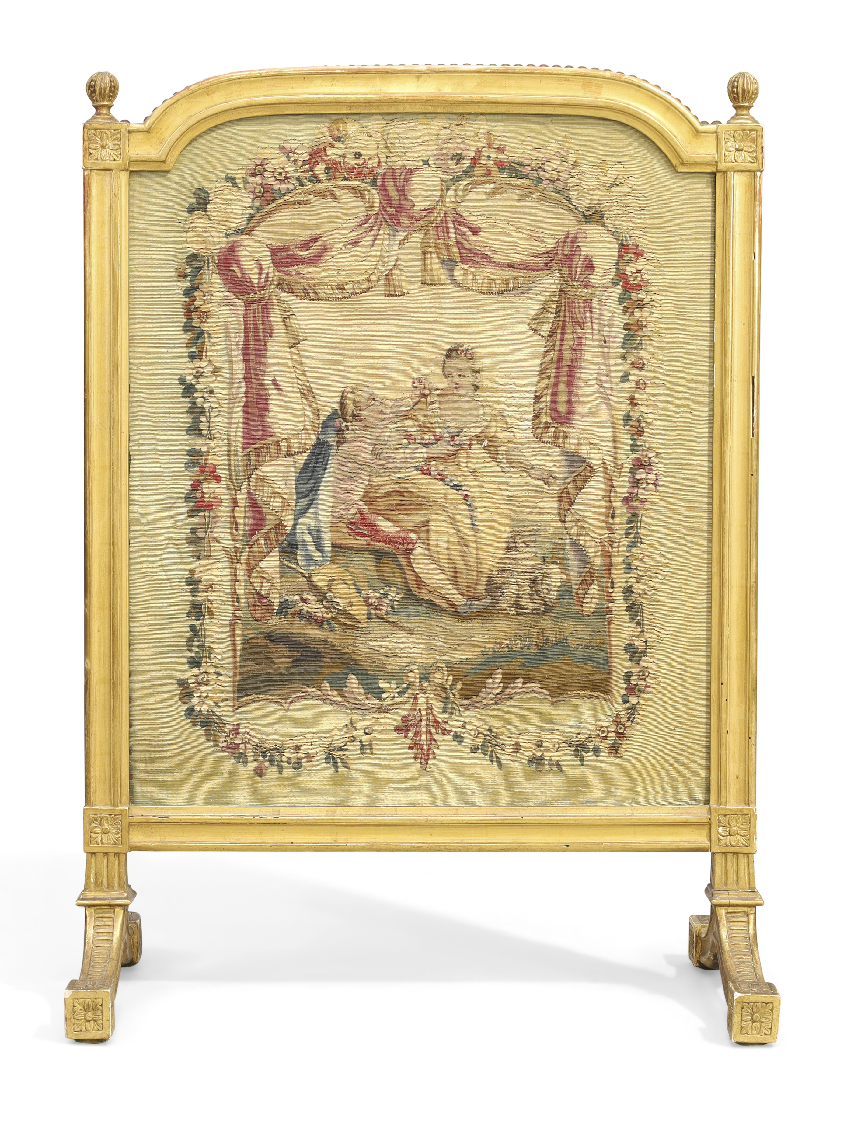 A French giltwood firescreen, Early 20th century, Inset with an 18th century Aubusson tapestry fr...