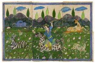 A rectangular polychrome pottery tile panel with hunting scene, Iran, 20th century, Depicting a m...