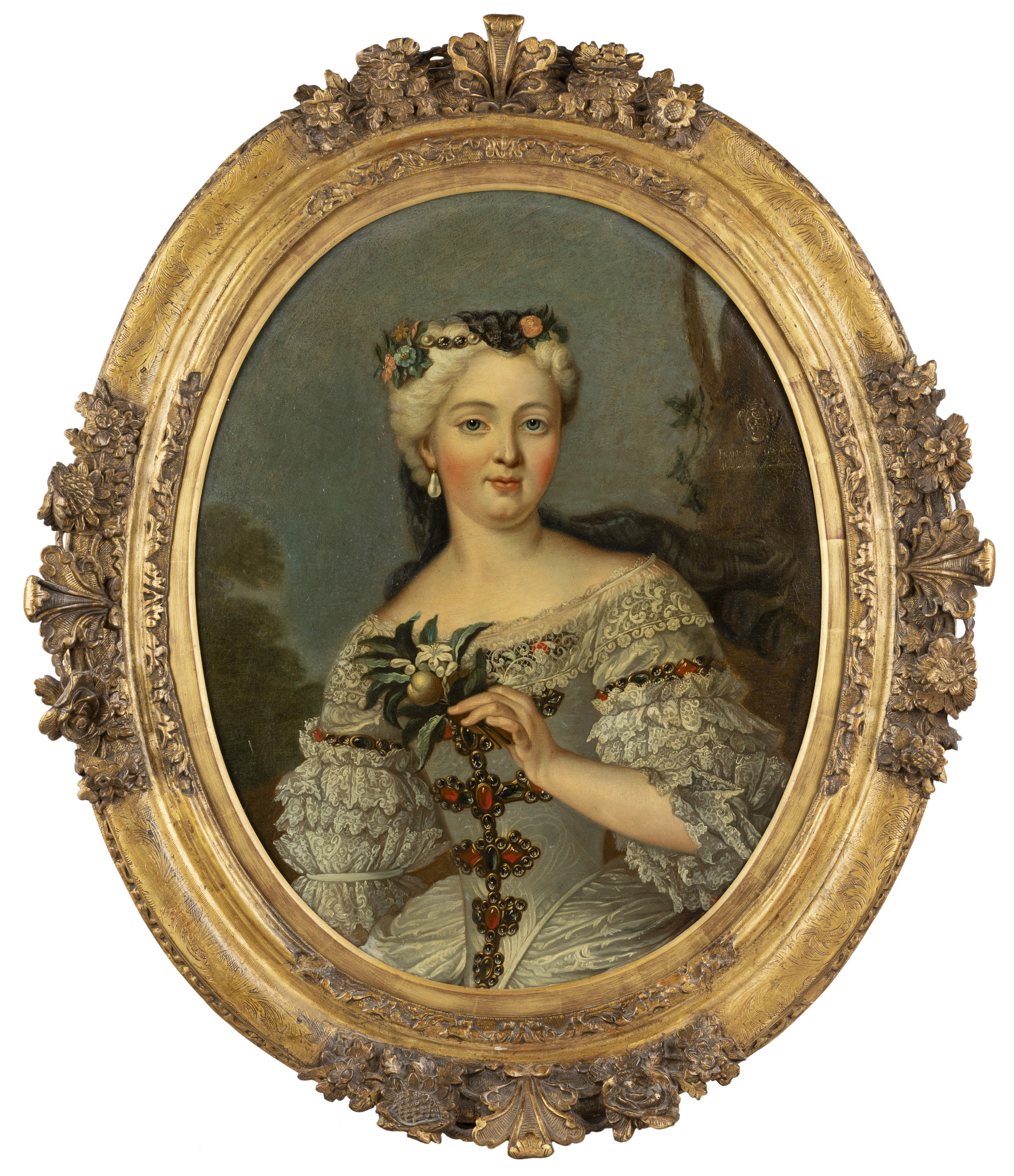 Follower of Nicolas de Largillière, French, 1656-1747, portrait of a lady holding a floral sprig,...
