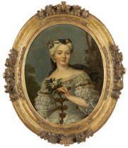 Follower of Nicolas de Largillière, French, 1656-1747, portrait of a lady holding a floral sprig,...