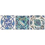 Three square pottery tiles, Kutahya, Turkey or Europe, 20th century, The first with a large serra...