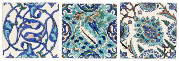 Three square pottery tiles, Kutahya, Turkey or Europe, 20th century, The first with a large serra...