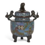 A large Japanese champlevé-enamel bronze tripod censer, Meiji period, Cast with lion handles and ...