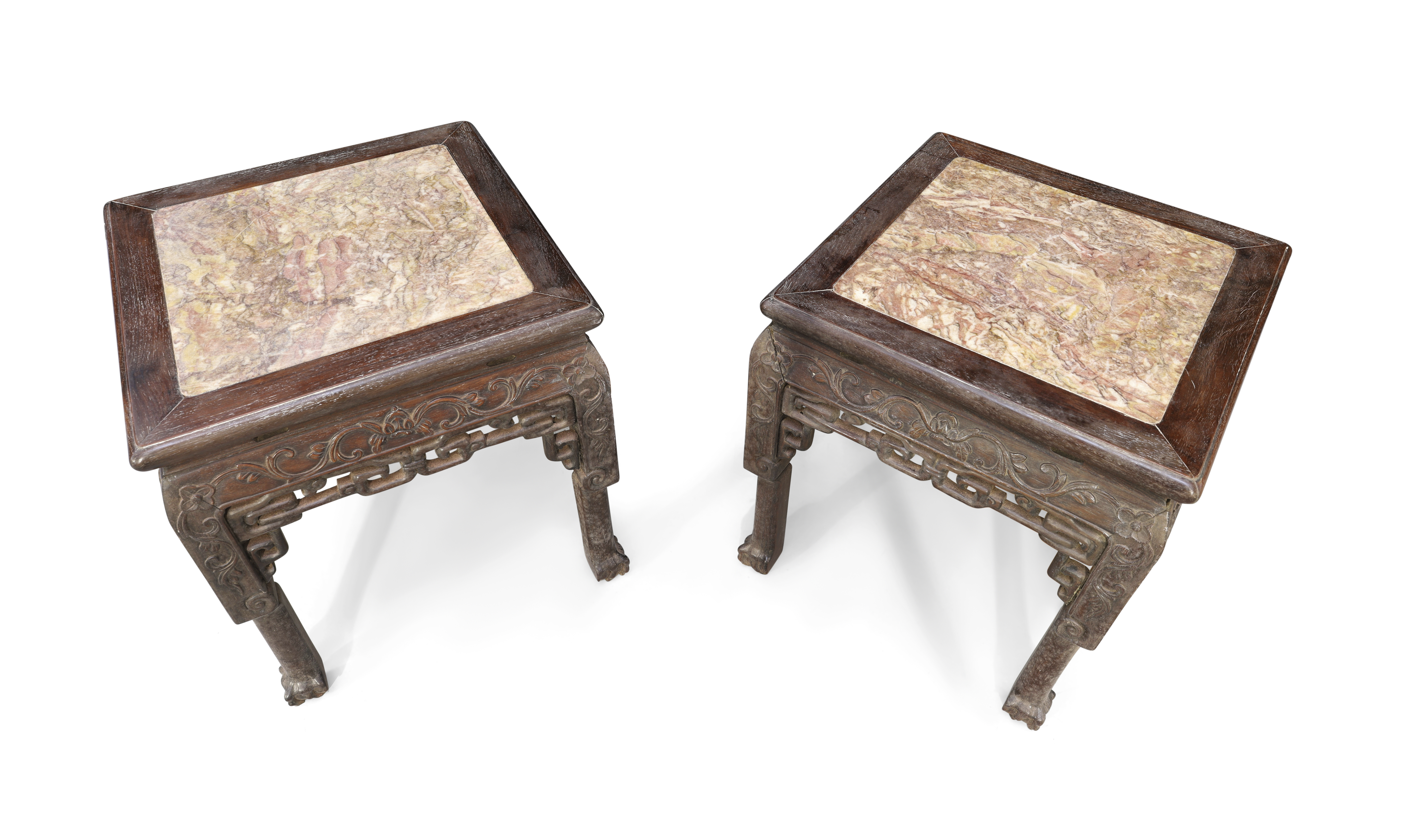 A pair of Chinese hongmu square stools,  Qing dynasty, 19th century, The square marble inset top ... - Image 3 of 3