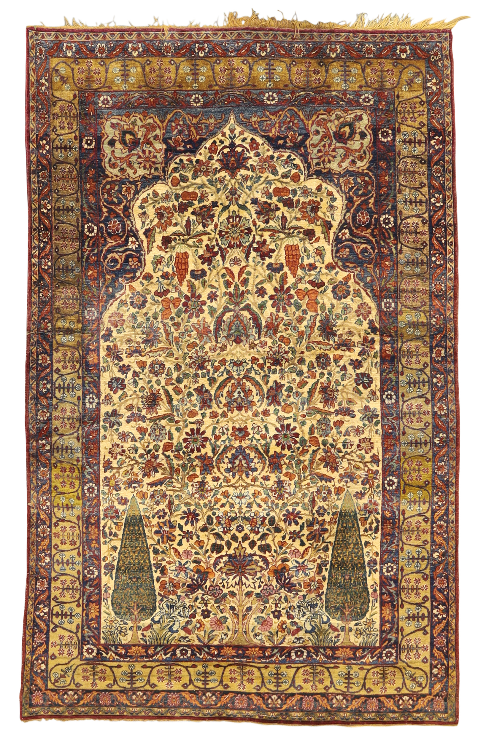 A Persian silk Kirman rug,  Third quarter 19th century, The central field with stylised tree desi...