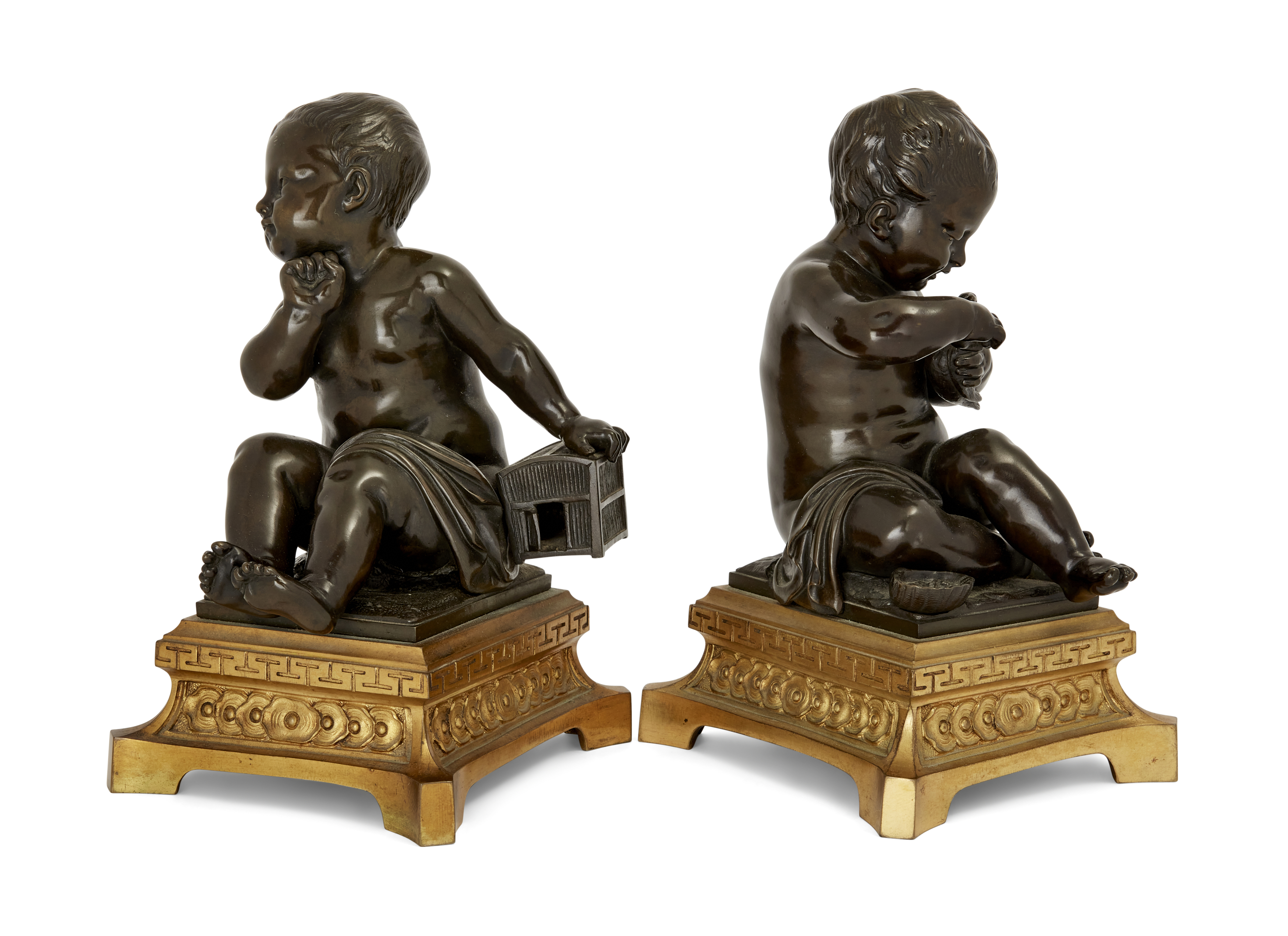 After Jean-Baptiste Pigalle, French, 1714-85, a pair of French bronze figures ‘L’enfant a la cage... - Image 2 of 2