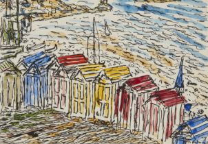 Basil Rákóczi,  British/French 1908-1979 -  Beach Huts;  ink and watercolour on paper, signed l...