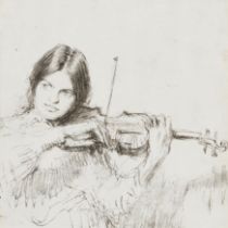 James McBey, Scottish 1883-1959 -  Girl with violin;   ink on paper, 23 x 23 cm (ARR)  Provena...