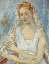 Grace English,  British 1891-1956 -  Young woman with a veil;  oil on canvas board, 44.3 x 34.1...