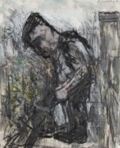 Arthur Berry,  British 1925-1994 -  Man with watering can, 1993;  gouache and charcoal on paper...