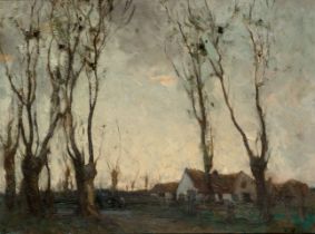 William Lee-Hankey,  British 1869–1952 -  Farmhouse at dusk;  oil on canvas, indistinctly signe...