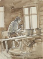 Vladimir Petrovitch Yarkin,  Russian 1939-2022 -  Artisan throwing a pot;  brown ink and charco...