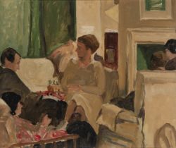 British school,  20th century -  Figures in a sitting room;  oil on board, 41.8 x 49.5 cm
