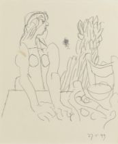 Keith Vaughan,  British 1912-1977 -   Female figure at a table, 1949;  pencil on paper, dated l...