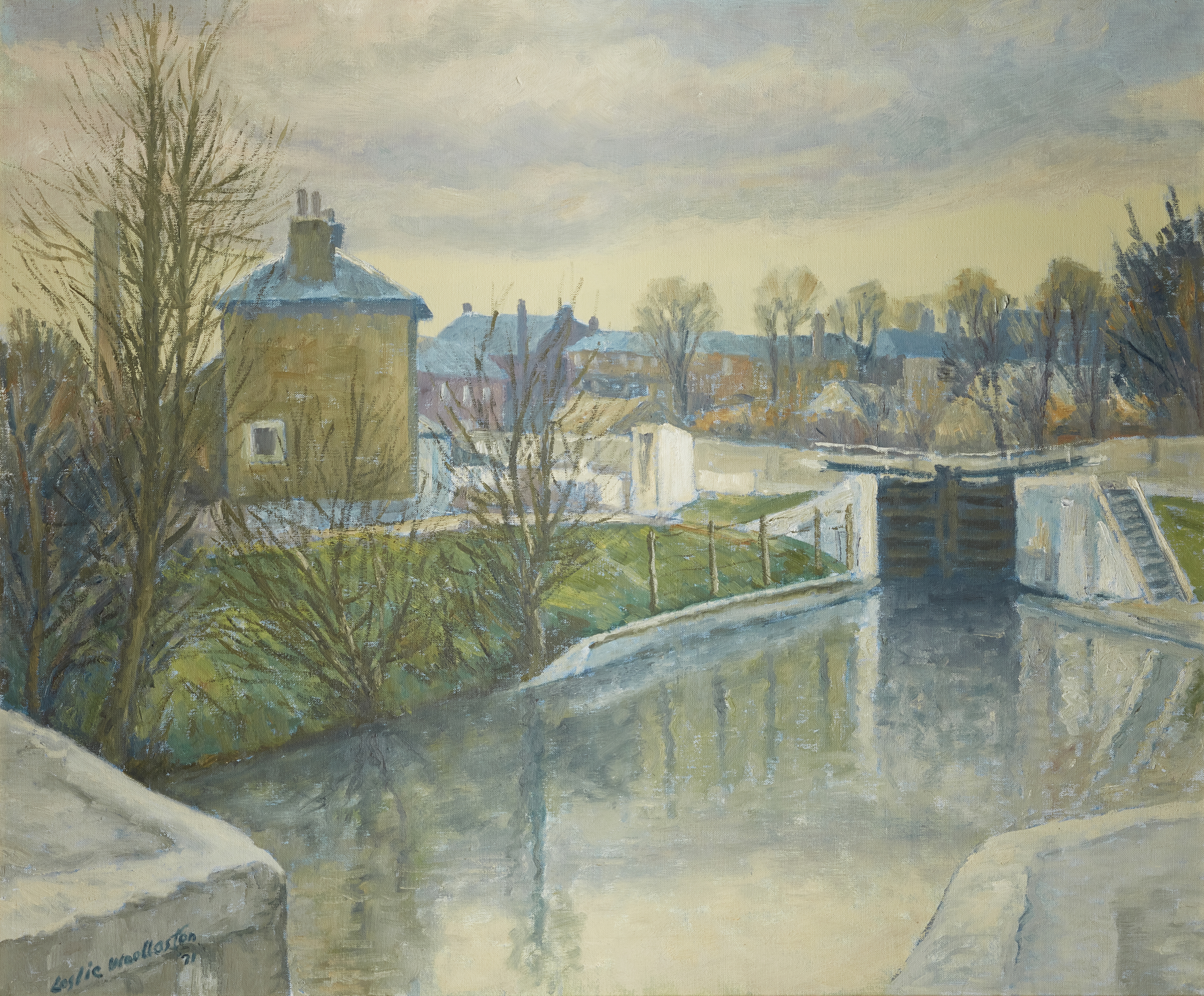 Leslie Woollaston,  British 1900-1976 -  London Lock, 1971;  oil on canvas, signed and dated lo...