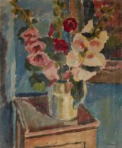 Rowland Suddaby, British 1912–1972 - Hollihocks, 1935;  oil on burlap, signed and dated lower r...