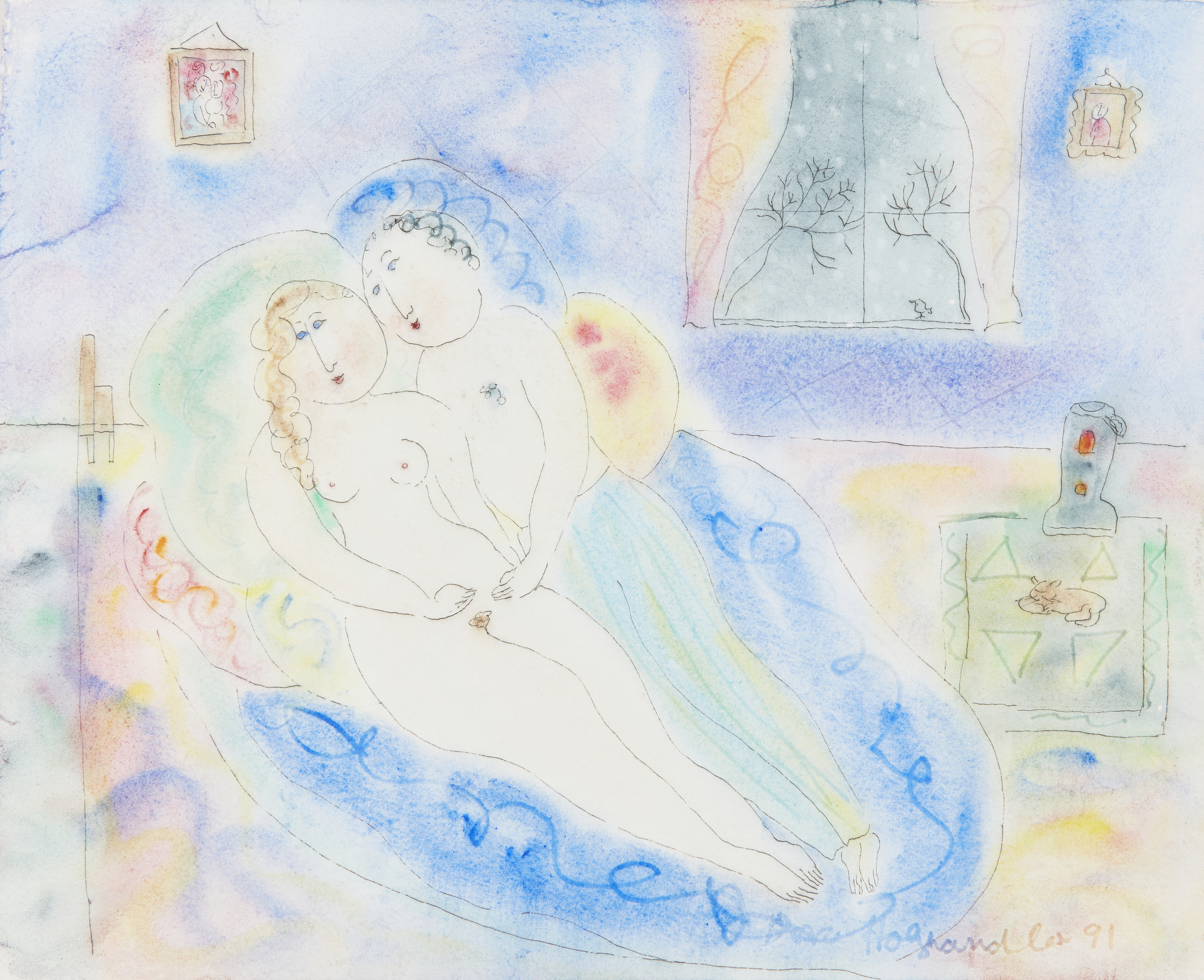 Dora Holzhandler,  British 1928-2015 -  Lovers with Snow at Window in Paris, 1991;  watercolour...