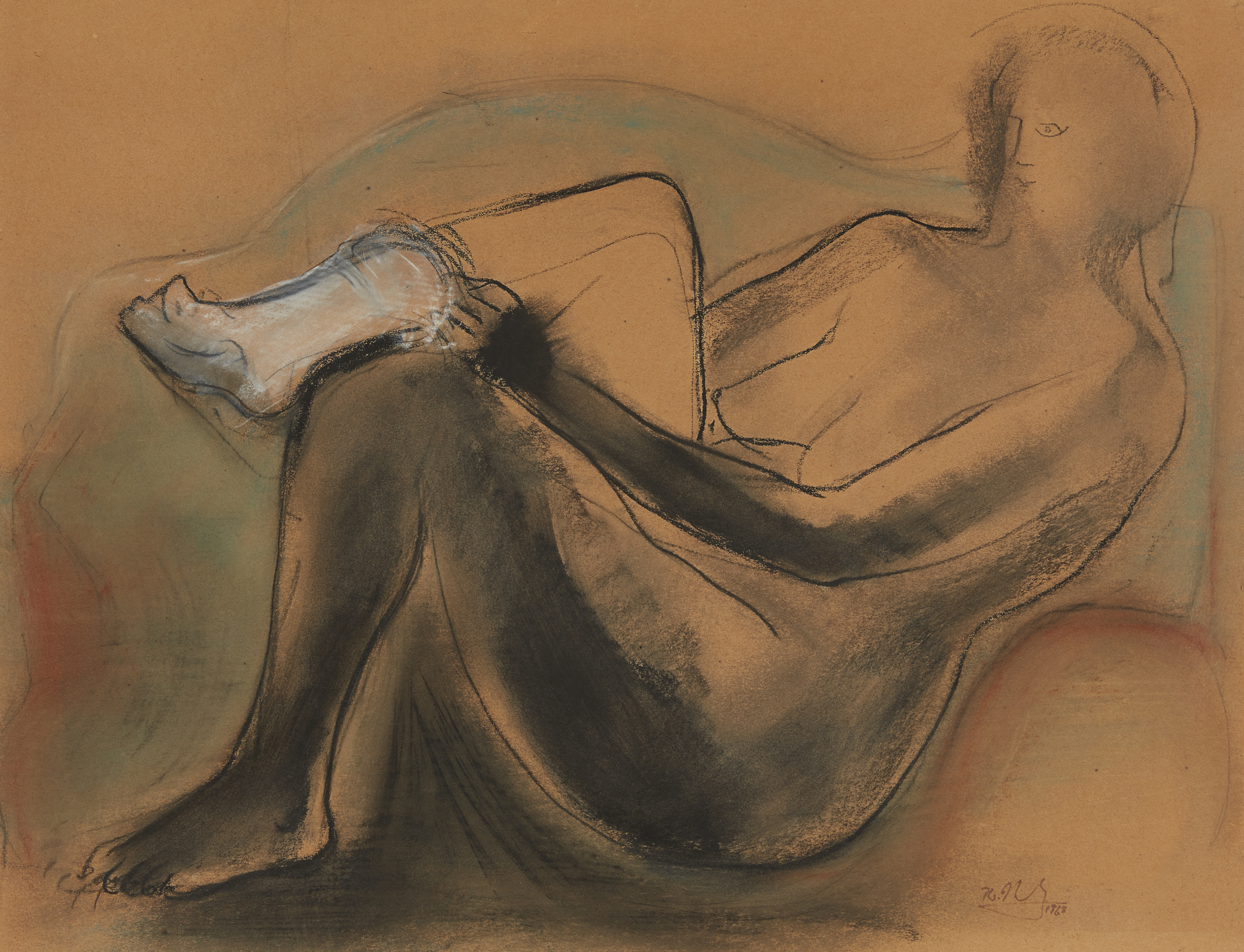 Peter W. Nicholas, British 1934–2015 -  Reclining nude, 1968;  pastel and paper on paper, signe...