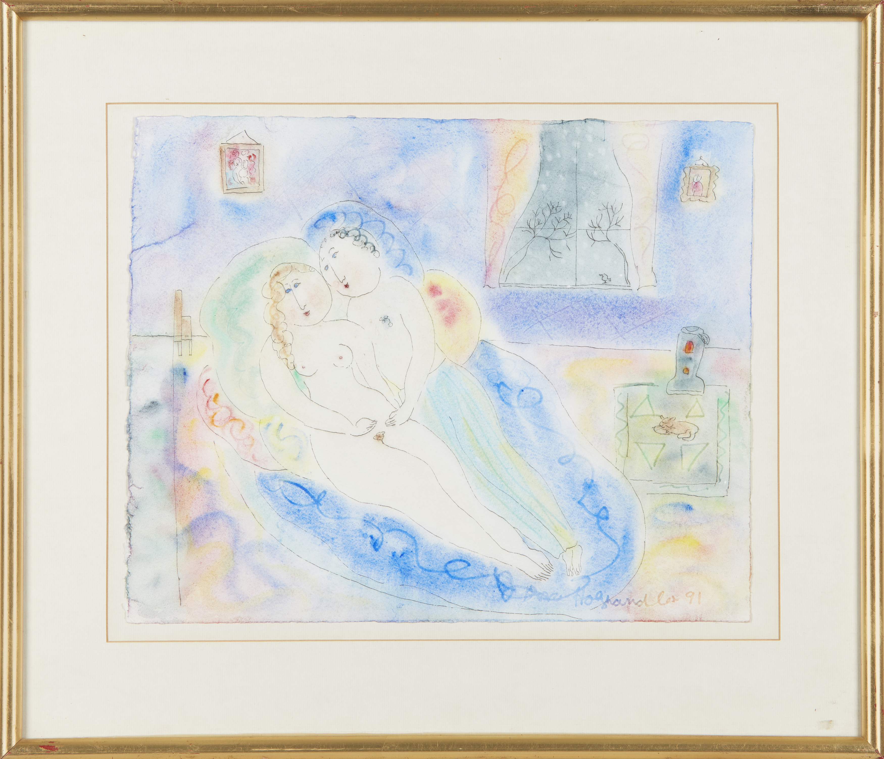 Dora Holzhandler,  British 1928-2015 -  Lovers with Snow at Window in Paris, 1991;  watercolour... - Image 2 of 3