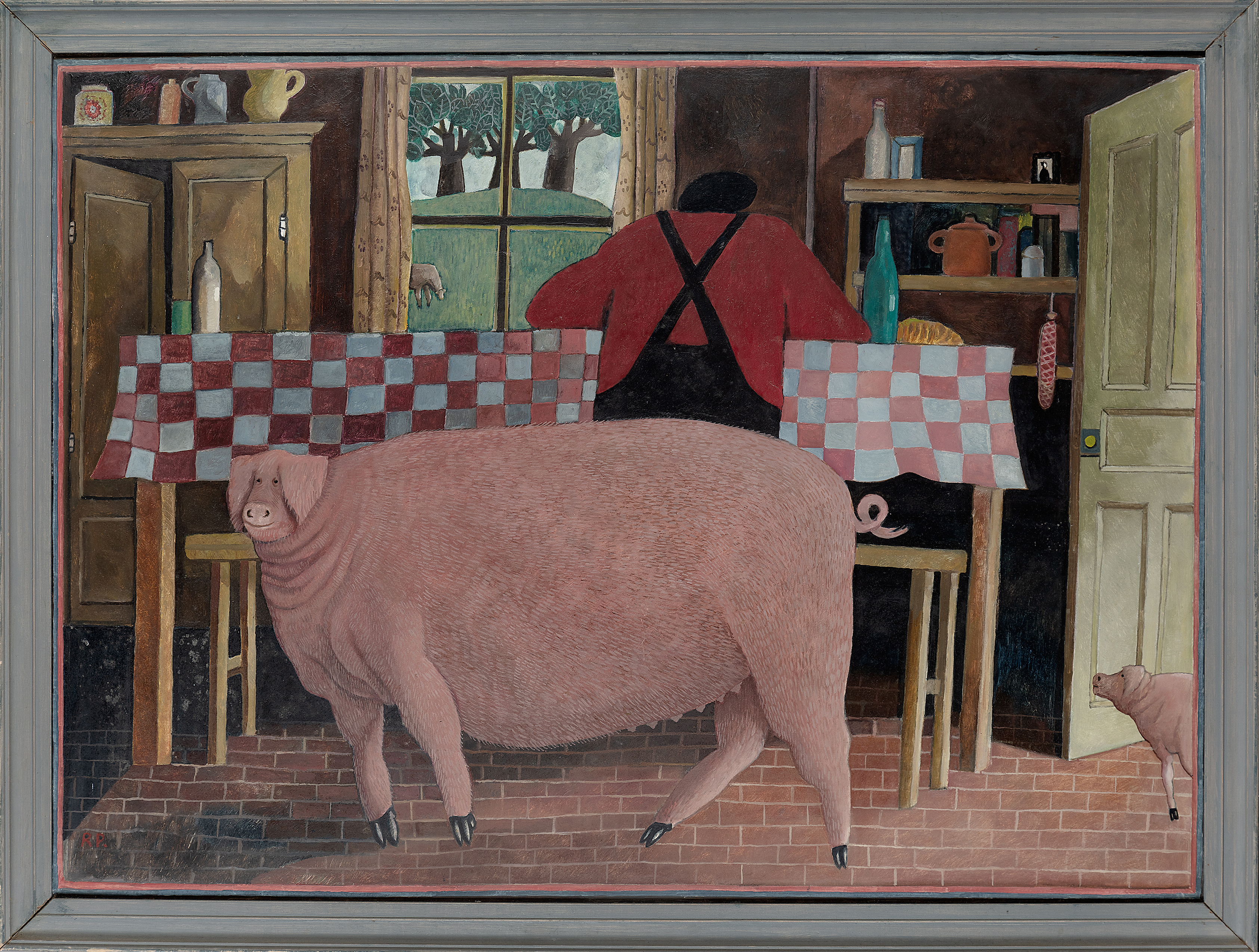 Joanna Carrington ('Reg Pepper'),  British 1931-2003 -  Pigs in the Kitchen;  oil on board, sig... - Image 2 of 3