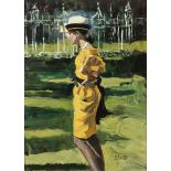 Sherree Valentine-Daines,  British b.1956 -  Lady in a yellow dress at Ascot;  oil on canvas bo...