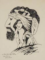 Karl Parboosingh,  Jamaican 1923-1975 -  Male head made of swirling female figures;  linocut on...