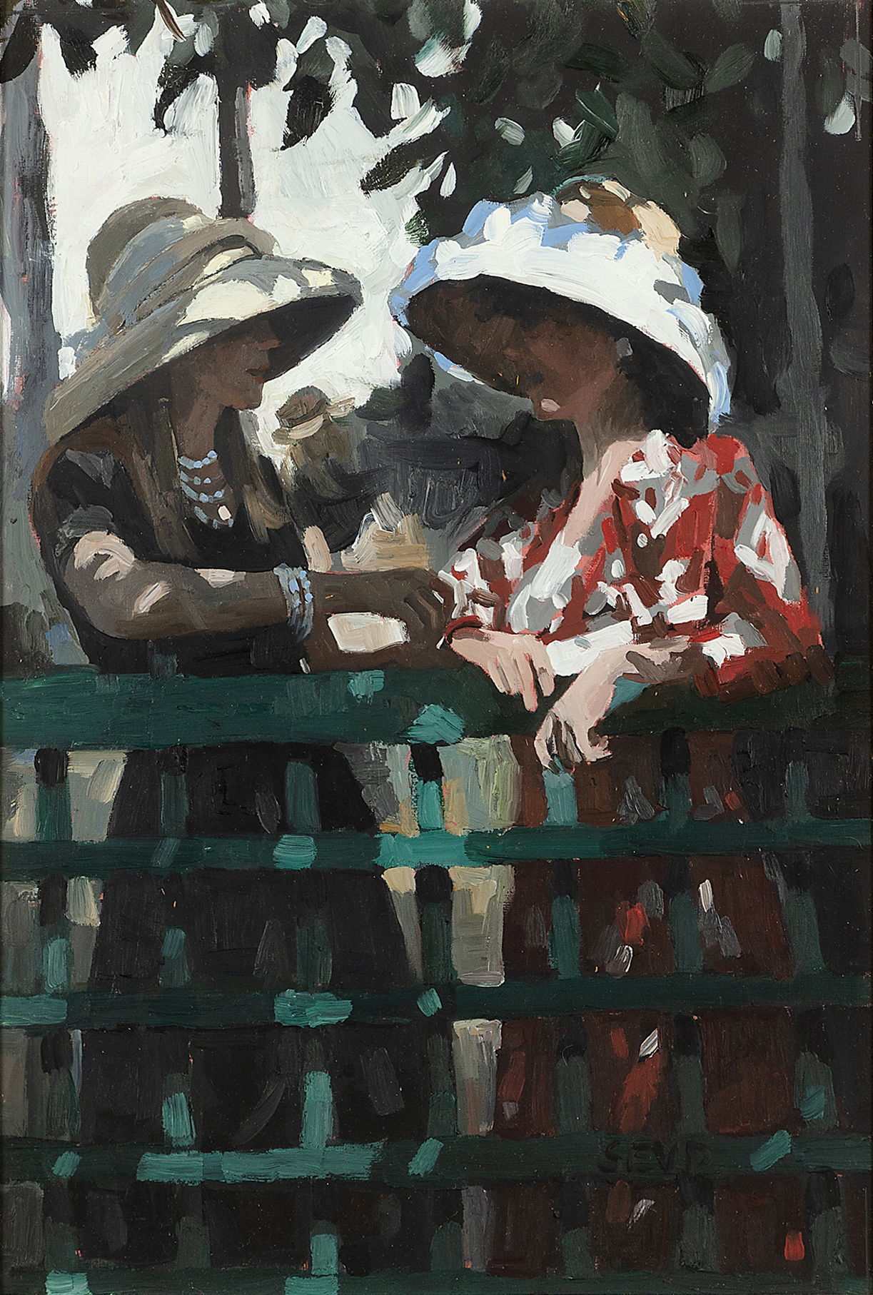 Sherree Valentine-Daines,  British b.1956 -  Two ladies at Ascot;  oil on canvas board, signed ...
