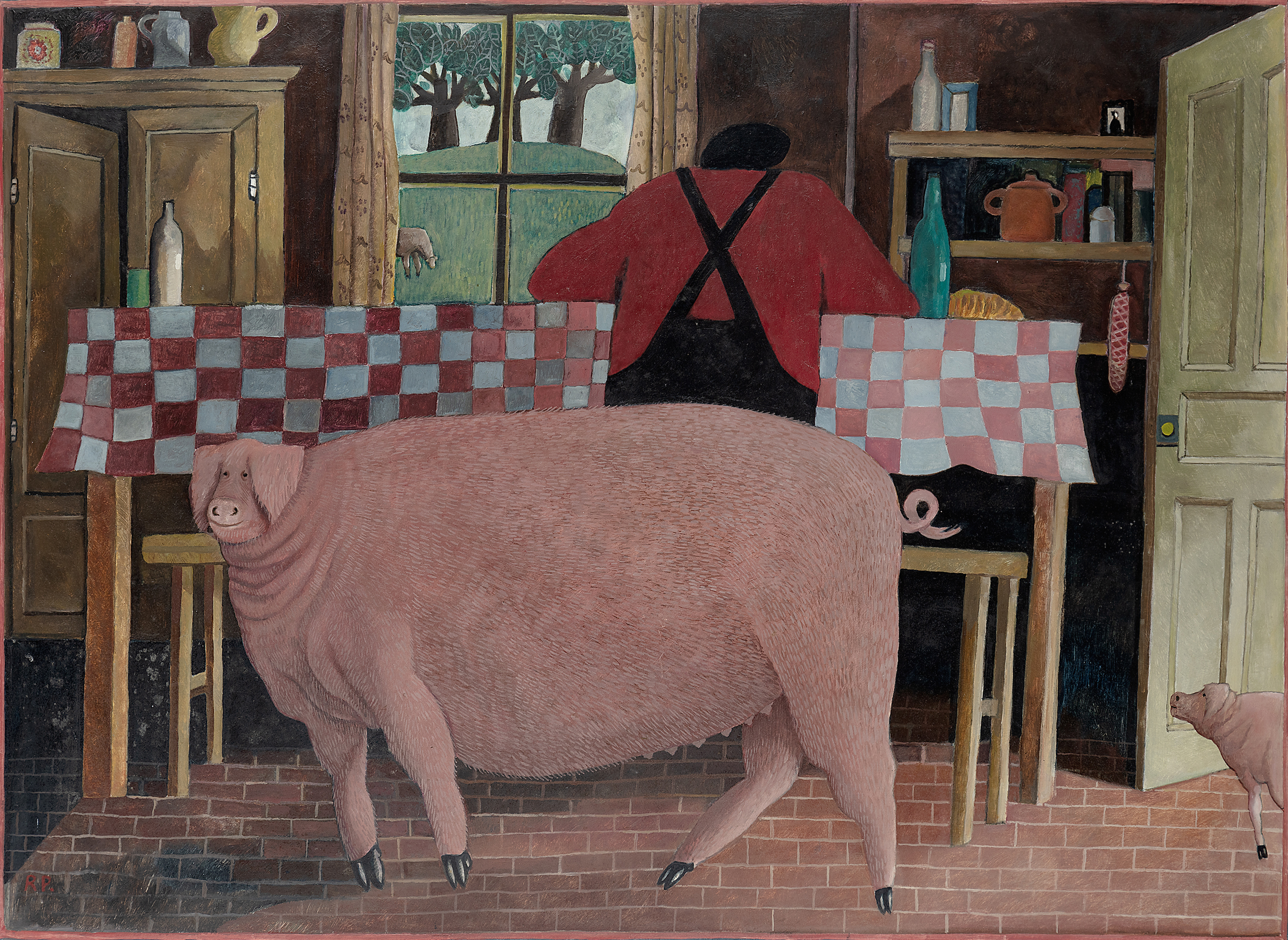 Joanna Carrington ('Reg Pepper'),  British 1931-2003 -  Pigs in the Kitchen;  oil on board, sig...