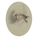 Circle of John Downman,  British 1749/50-1824-  Portraits of a lady wearing a feathered hat and ...