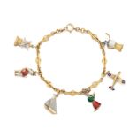 An early 20th century 18ct gold charm bracelet, the fancy link bracelet stamped 18ct suspending a...