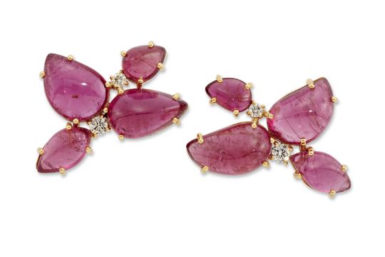 A pair of cabochon tourmaline earrings, each composed of four pear shaped cabochon pink tourmalin...