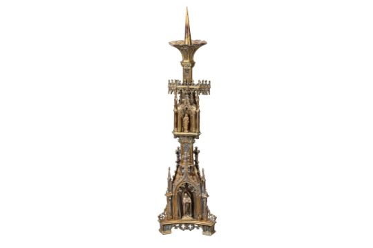 A large Victorian gilt-bronze Victorian ecclesiastical pricket candlestick, in the manner of A.W....