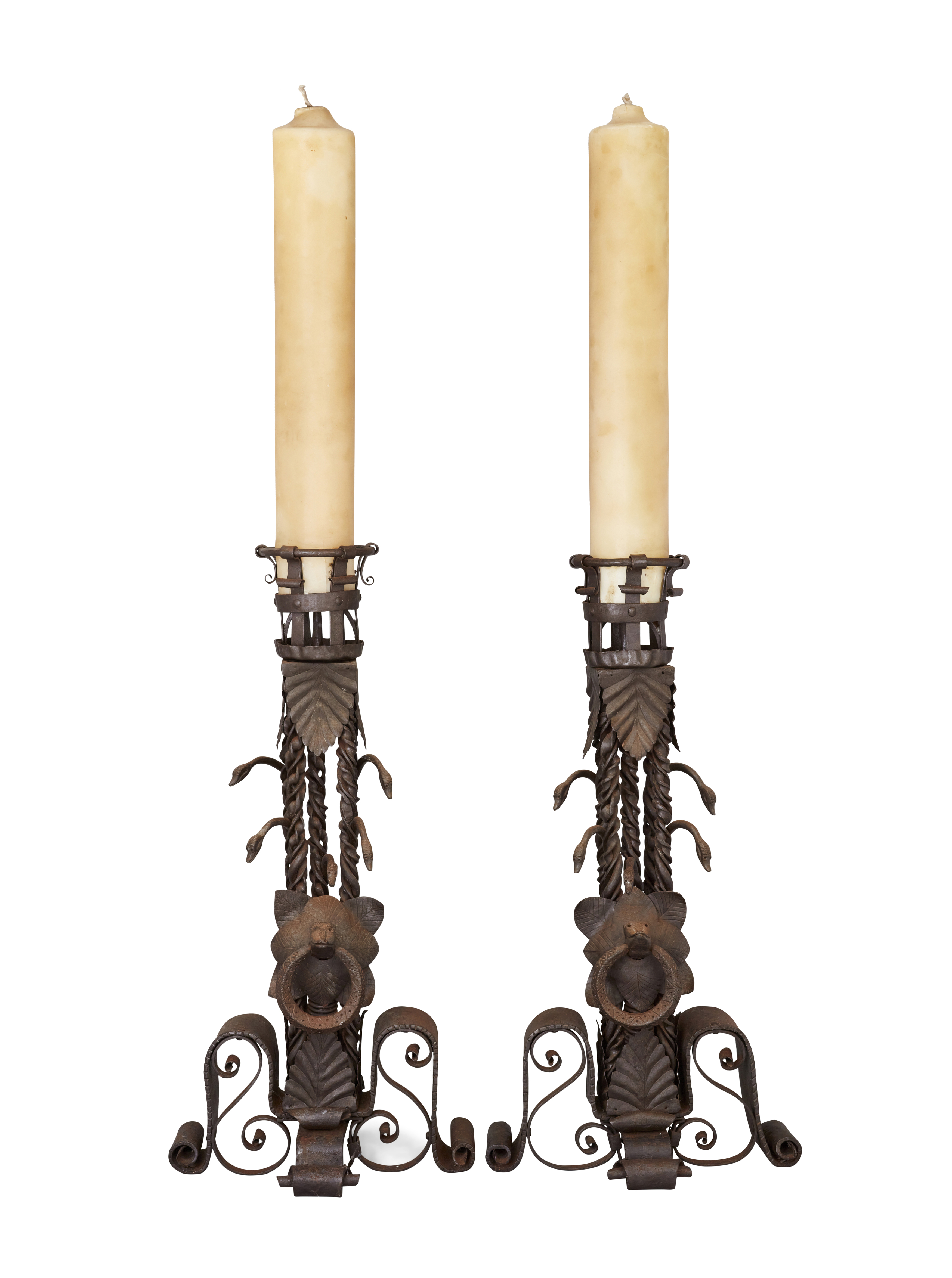 A pair of Spanish wrought-iron floor-standing andiron/candlesticks, of Gothic style, 19th century...