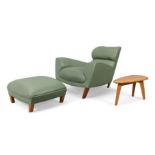 Linley  'Aston' lounge chair and ottoman, together with matching side table, circa 2020  Walnut,...