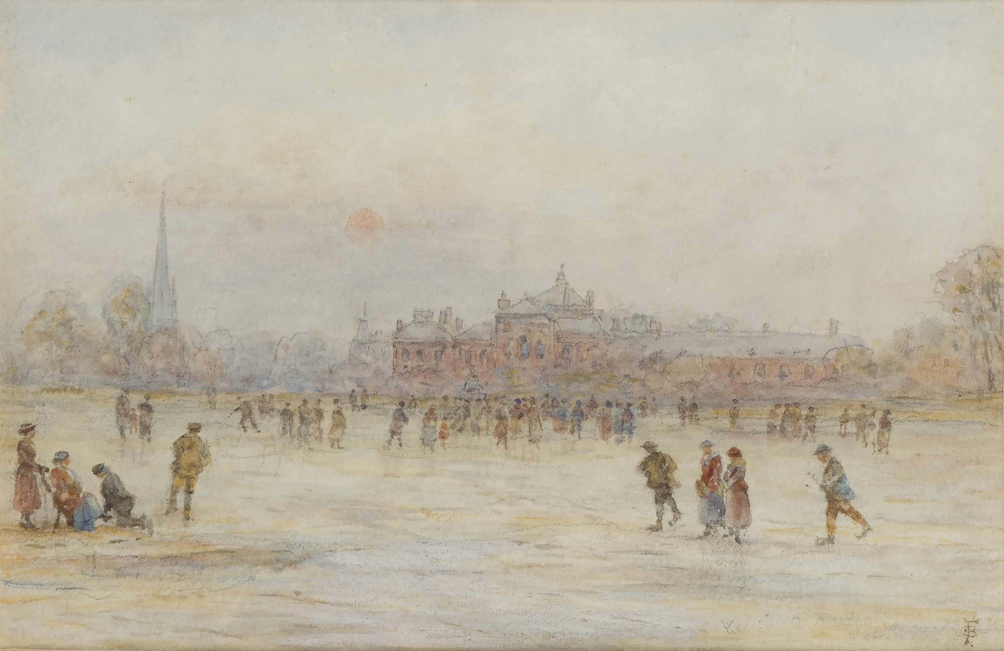 Myles Birket Foster, RWS,  British 1825-1899-  Figures ice-skating by Kensington Palace beneath ...