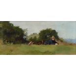 Attributed to Jules Crosnier,  Swiss 1843-1917-  A figure resting in a meadow;  oil on card lai...