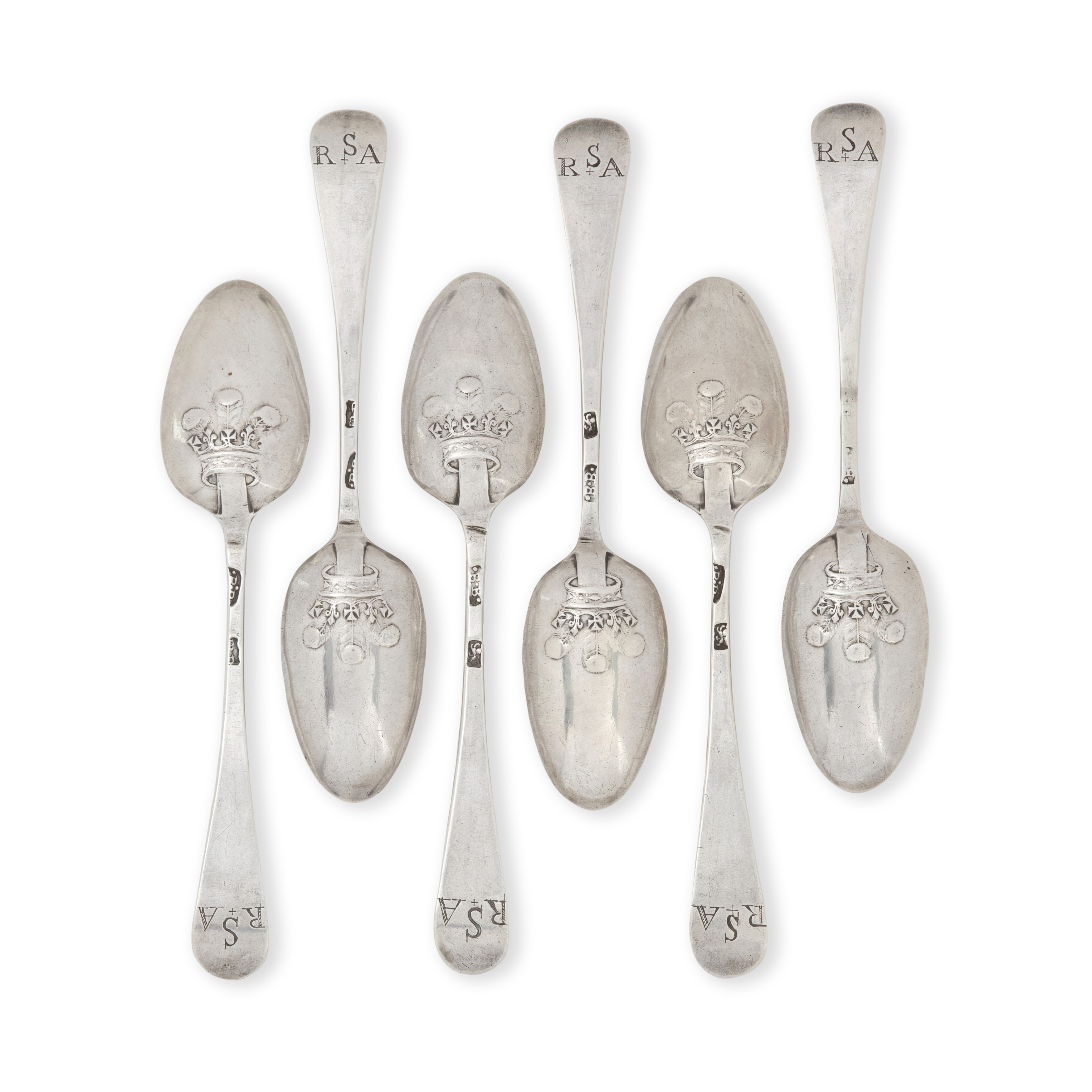 A set of six Georgian silver 'Prince of Wales Feathers' picture-back teaspoons. Benjamin Brewood... - Image 2 of 2