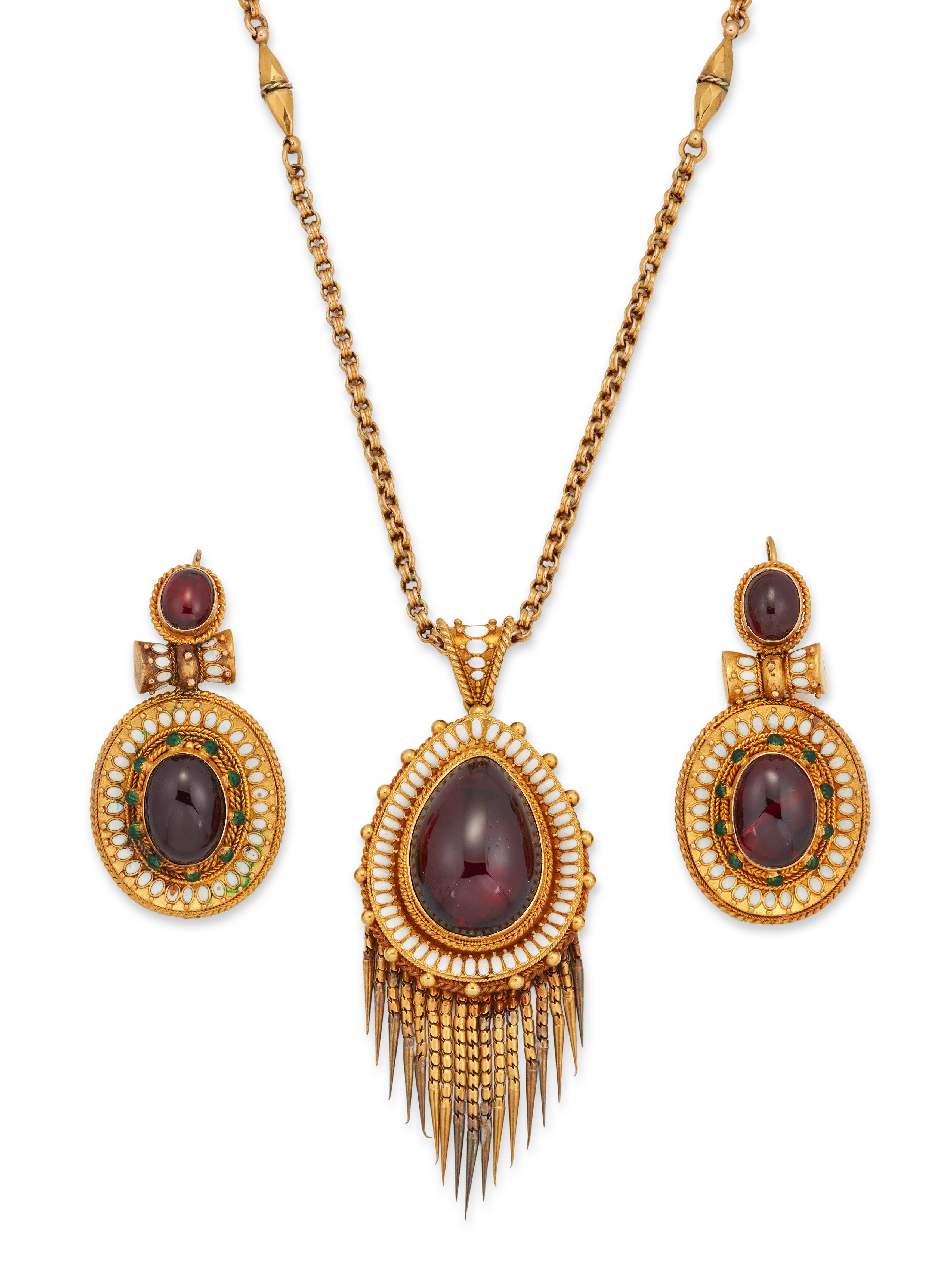 A Victorian gold garnet and enamel demi-parure, in the Archaeological revival style, comprising: ...