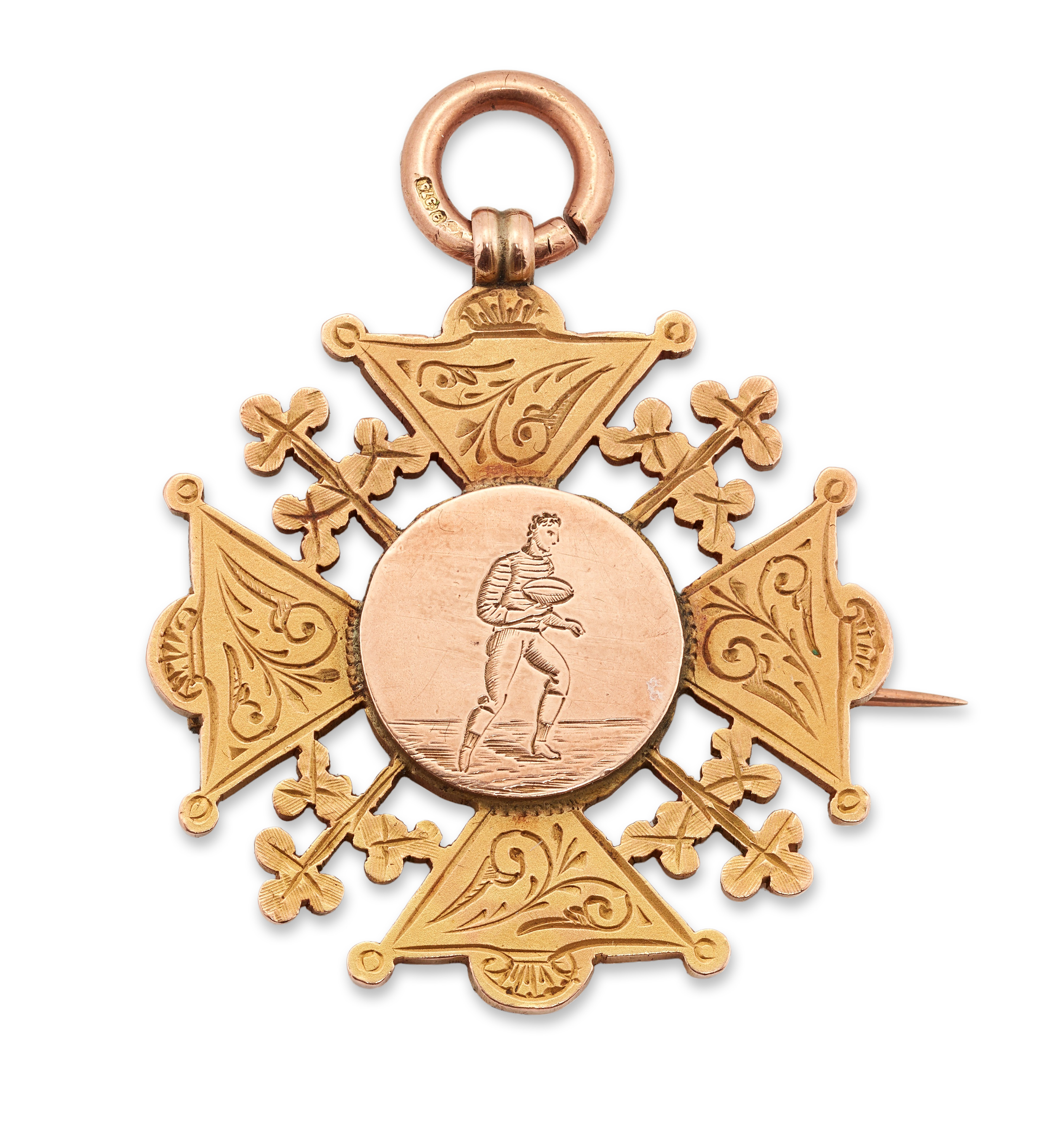 Of sporting interest: a 9ct gold medal, Millom F.C., of Maltese cross design with engraved rugby ...