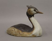 Great Crested Grebe, pottery sculpture by Rosemarie Cooke. 20 cm long.