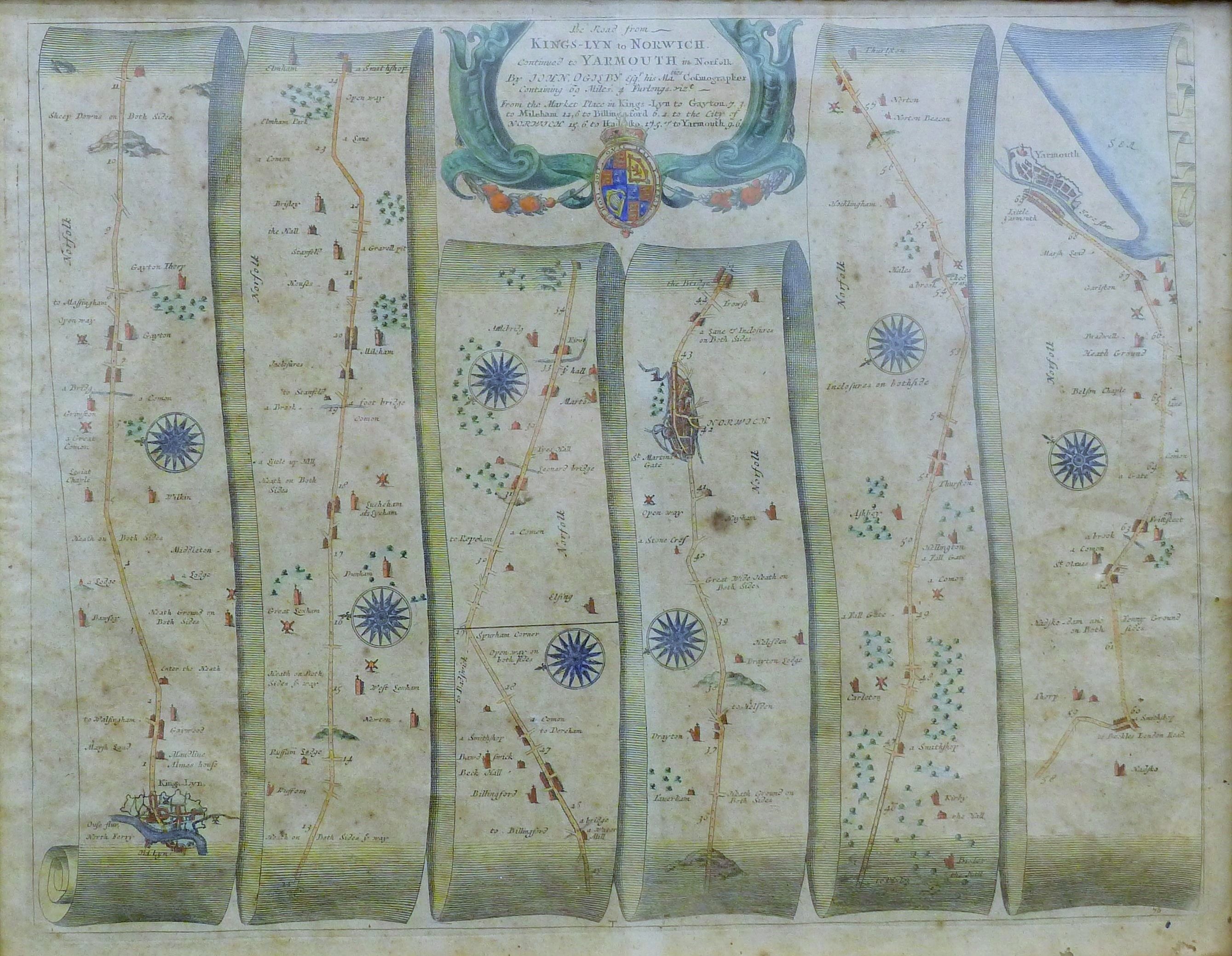 John Ogilby, two framed and glazed coloured road maps,