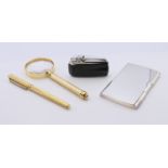 A boxed Calibri pen and magnifying glass set, a boxed Ronson lighter and a card case.