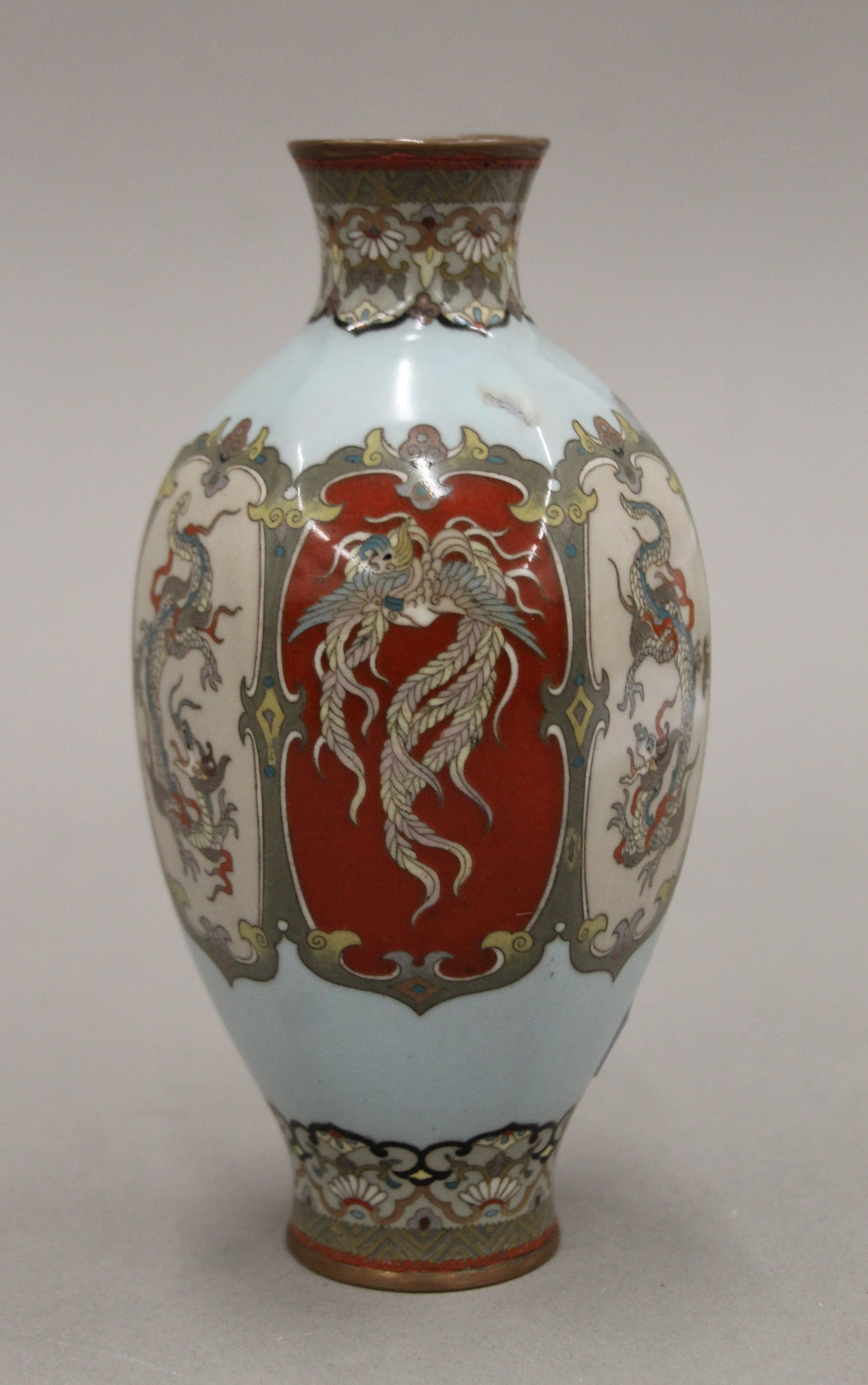 A late 19th/early 20th century Japanese cloisonne vase of hexagonal form decorated with dragons and - Image 3 of 6