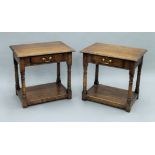 A pair of oak side tables each with dummy drawer. Each 63 cm wide.