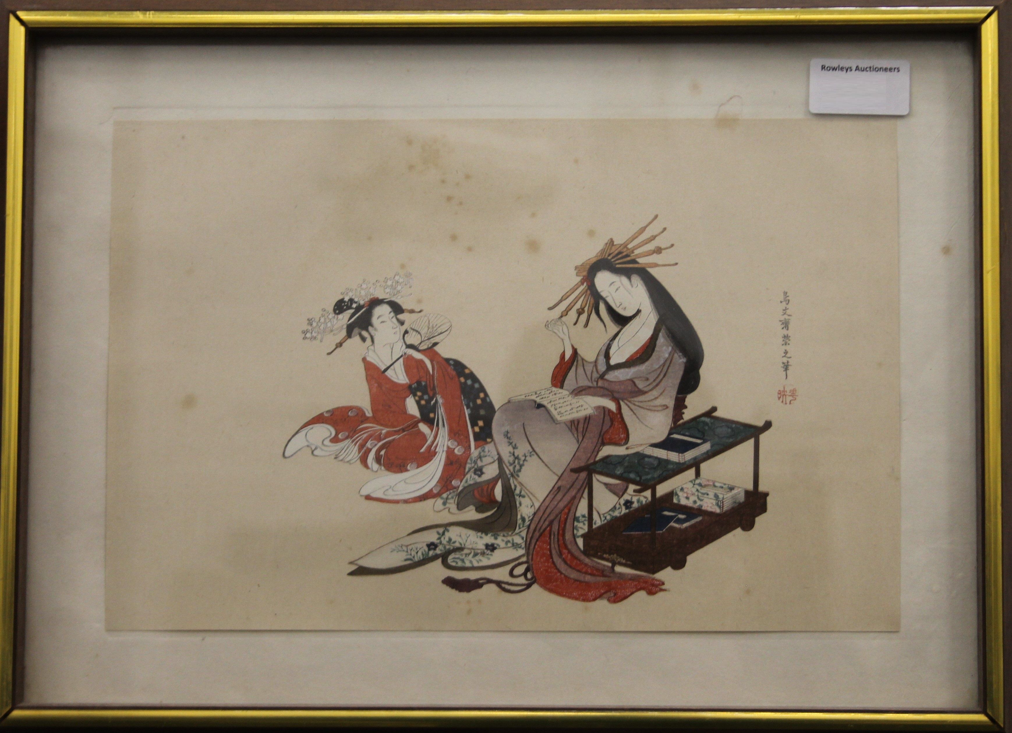 Two Japanese watercolours, each framed and glazed. 39 x 28.5 cm overall. - Image 2 of 6