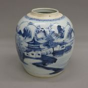 An 18th century Chinese porcelain blue and white ginger jar, painted with pagoda,