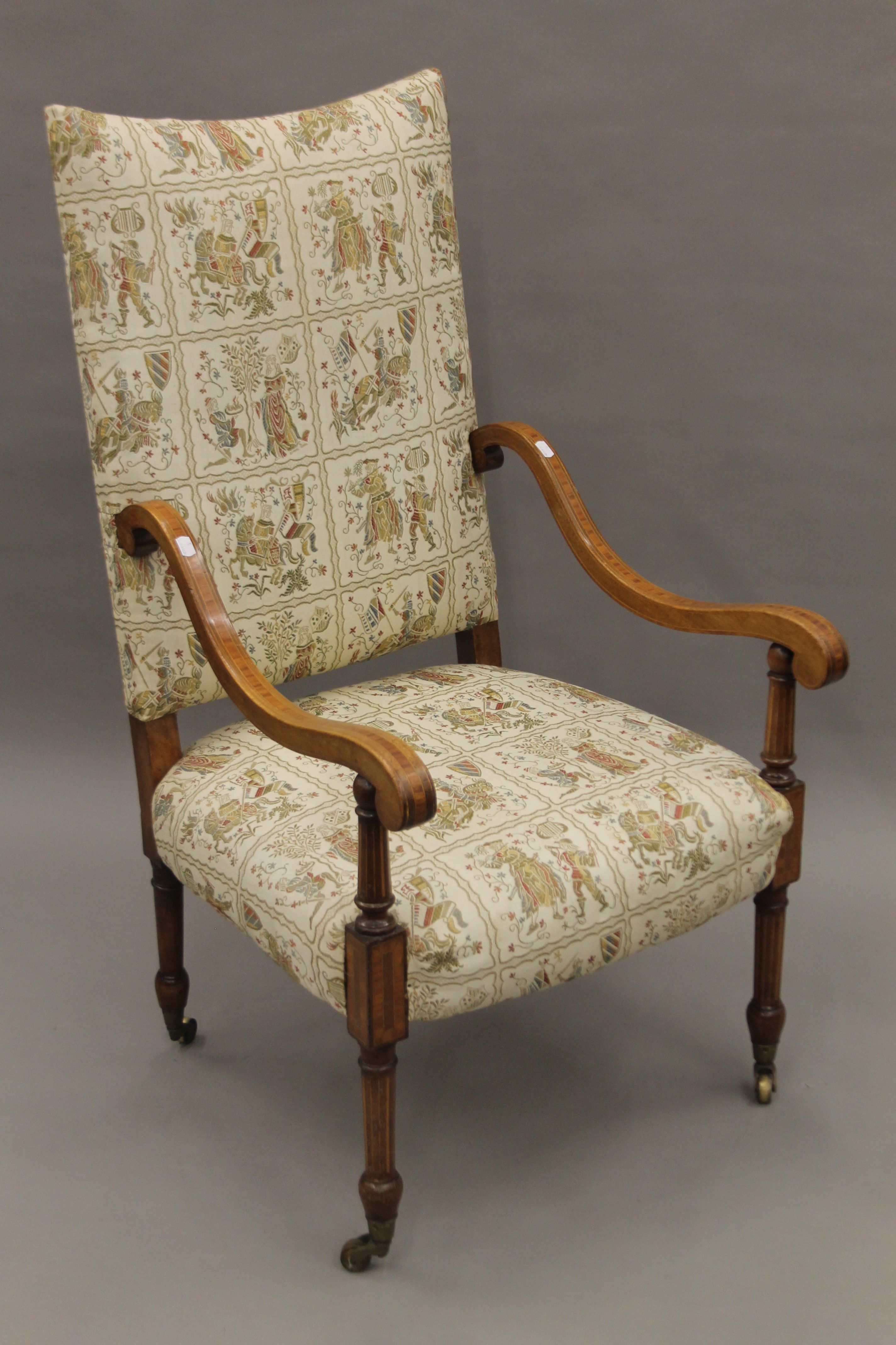 An Edwardian upholstered inlaid mahogany open armchair. 62 cm wide. - Image 3 of 5