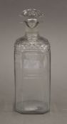 A 19th century engraved glass rum decanter. 20 cm high.